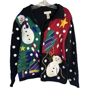 Christmas (Ugly) Cardigan Sweater Bechamel Snowmen Xmas Tree Polka Dots Large